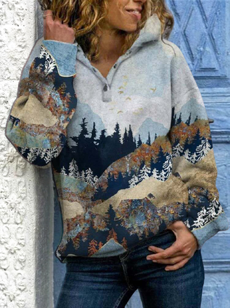 Forest Print Long Sleeve Casual Cotton-Blend Hoodie Sweatshirts
