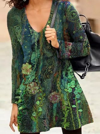 Casual Long Sleeve Floral Tunics