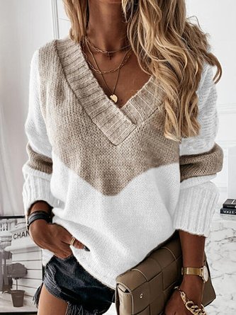Casual Color-Block V Neck Long Sleeve Sweater