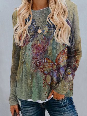Floral-Print Casual Butterfly Long Sleeve Tops