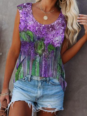 Casual Sleeveless Cotton-Blend Floral Shirts & Tops