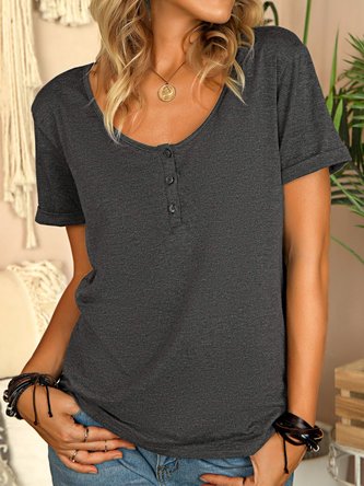 Basic Jersey Melange Short Sleeve Buttoned Solid T-shirt