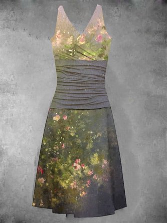 Art Oil Painting Floral Sleeveless Holiday A-Line Knitting Dress