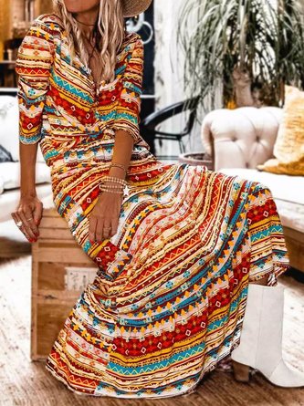Leisure vacation ethnic style geometric print maxi dress