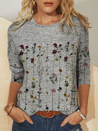 Casual Style Floral Crew Neck Long Sleeve T-shirts