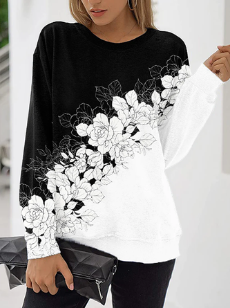 Long sleeve round neck black and white mosaic floral print sweater top n