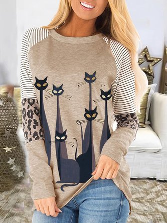 Casual Animal Print Round Collar Cute Cat Shirts & Tops