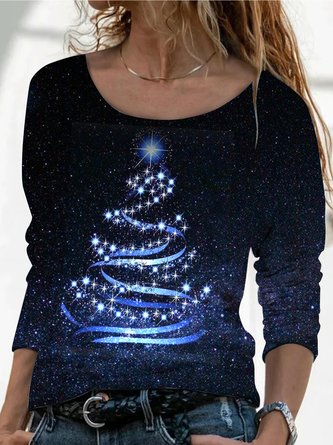 Long sleeve crew neck Christmas Festival Christmas tree Print lace print top T-shirt women