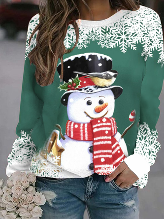 New long sleeve round neck geometric Halloween Christmas Snowman T-shirt sweater women