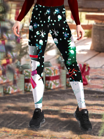 Casual Leggings  Cute Christmas Snowman in Black Tights