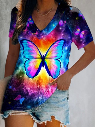 Butterfly V Neck Loosen Vacation Shirts & Tops