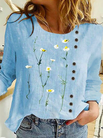 Casual Floral T-Shirts for Women Long Sleeve Loose Blouses Tops Blue
