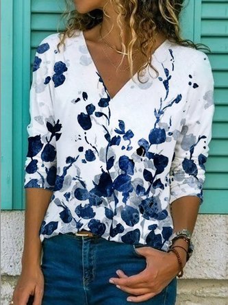 Long Sleeve Casual Floral V-Neck T-Shirts Top