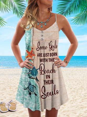 Turtle Beach Soul Print Spaghetti Strap Casual Summer Mini Dresses