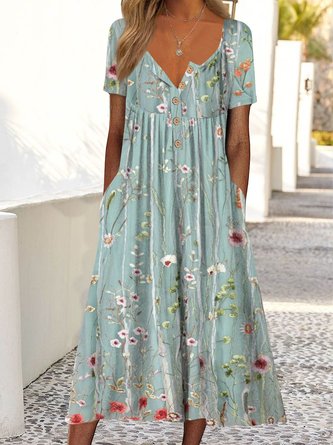 Women's Maxi Dress Gradient Flower  Dress Loose Long Dress Half Open Button Pocket