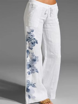 Draw String Floral Cotton Casual Pants