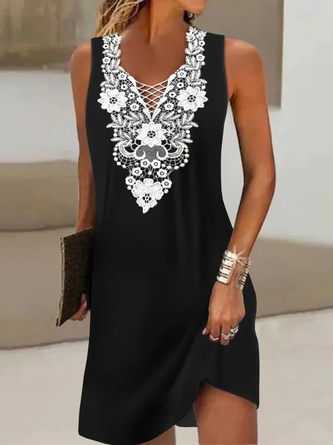 Women's Elegant Contrast Lace Sleeveless Casual Dress