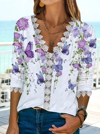 Butterfly flower lace top T-shirt