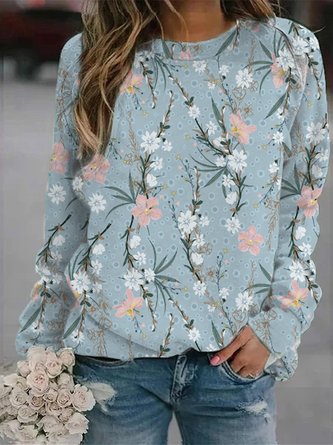 Floral Cotton Loose Raglan Sleeve Sweatshirts