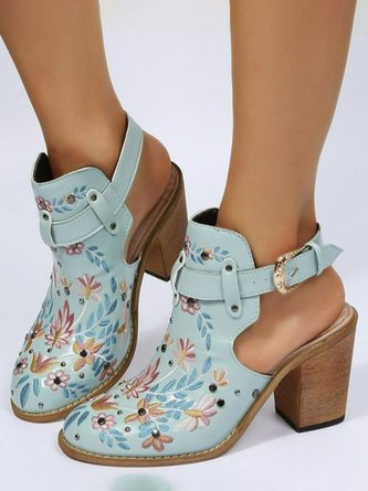 Floral Embroidered Studs Open Heel Chunky Heel Ankle Boots
