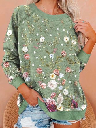 Cotton-Blend Casual Floral Sweatshirts