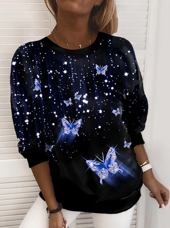Casual Autumn Butterfly Daily Cotton-Blend Regular H-Line Regular Regular Size Sweatshirt for Women