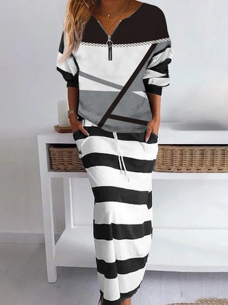Striped Casual Autumn Micro-Elasticity Loose Crew Neck Top With Skirt H-Line Regular Two Piece Sets for Women