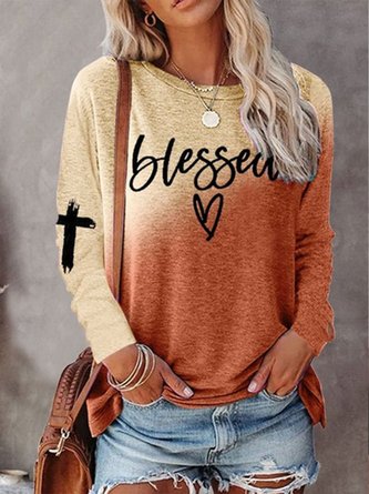 Casual Text Letters Autumn Polyester High Elasticity Loose Long sleeve Crew Neck Regular T-shirt for Women