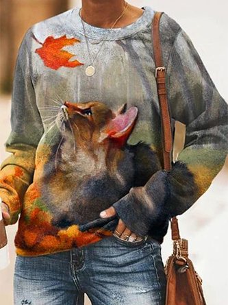 Casual Autumn Cat Heavyweight Daily Loose Crew Neck Regular Medium Elasticity Sweatshirts for Women