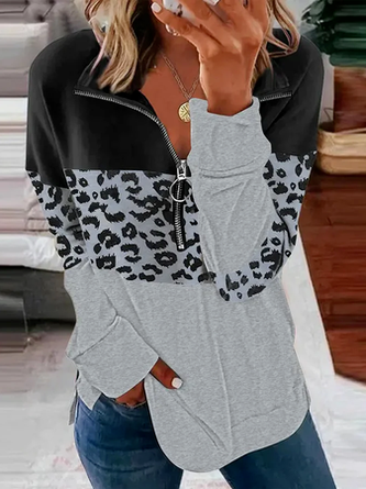 Women Leopard Casual Autumn Zipper Daily Long sleeve Cotton-Blend Regular H-Line Sweatshirts