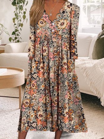 Casual Floral Design Shell Collar Loose Dress