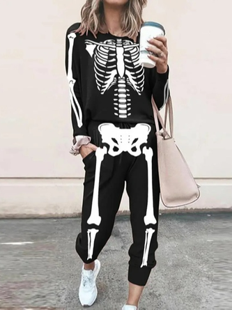 Women Casual Autumn Skull Natural Holiday Halloween Crew Neck Top With Pants H-Line Two Piece Sets