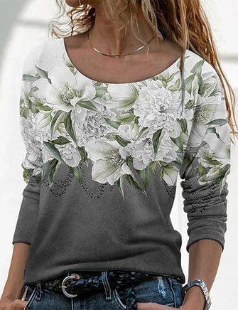 Ombre Floral Loose Crew Neck Tops