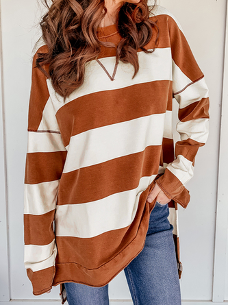 Color Block Casual Autumn Micro-Elasticity Daily Loose Long sleeve Crew Neck Mid-long Sweatshirt for Women