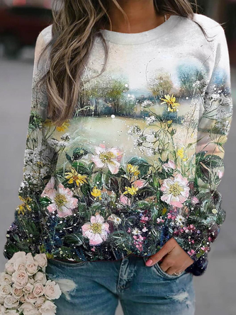 Women Casual Floral Autumn Polyester Micro-Elasticity Long sleeve Crew Neck Regular Regular Size Sweatshirts