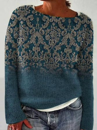 Boho Ethnic Autumn Loose Long sleeve Crew Neck Wool/Knitting Regular Medium Elasticity Sweater for Women