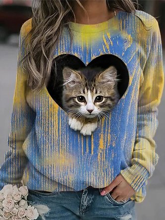 Cat Crew Neck Casual Sweatshirts