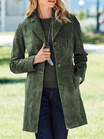 Plain Long Sleeve Buttoned Lapel Collar Pockets Casual Suede Coat
