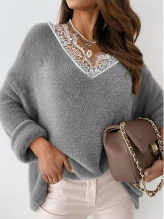 Loose Casual Plain Lace Sweater