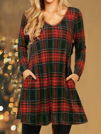 Christmas Check Print V-Neck Loose Dress