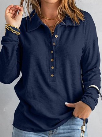 Navy Button Front Long Sleeve Henley T-Shirt
