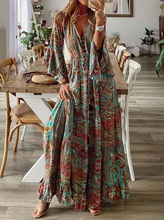 New Women Chic Plus Size Vintage Boho Hippie Shift Holiday Floral 3/4 Sleeve Weaving Dress