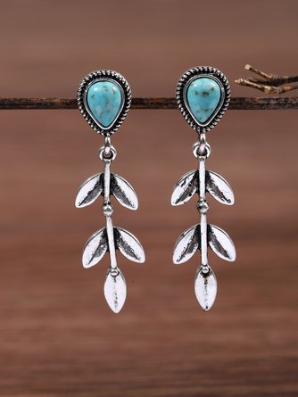 Boho Ethnic Silver Turquoise Leaf Fringe Earrings Casual Everyday Commuter Jewelry