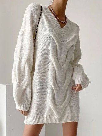 Wool/Knitting Plain V Neck Urban Dress