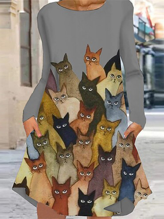 Casual Loose Cute  Cat Crew Neck Dress