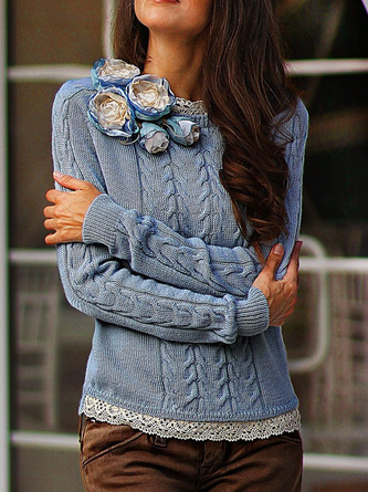 Crew Neck Casual Lace Regular Fit Sweater