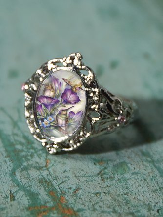 Vintage Hummingbird Floral Time Stone Ring Bohemian Ethnic Jewelry
