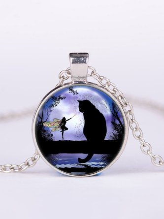 Casual Time Stone Cat Elf Pattern Pendant Necklace Jewelry