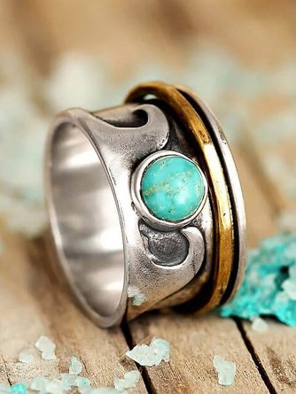 Silver Ocean Motif Natural Turquoise Ring Boho Ethnic Women's Jewelry