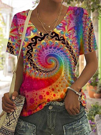 Women's  T-Shirt Casual V Neck Ethnic Patterns Tops Yellow Blue